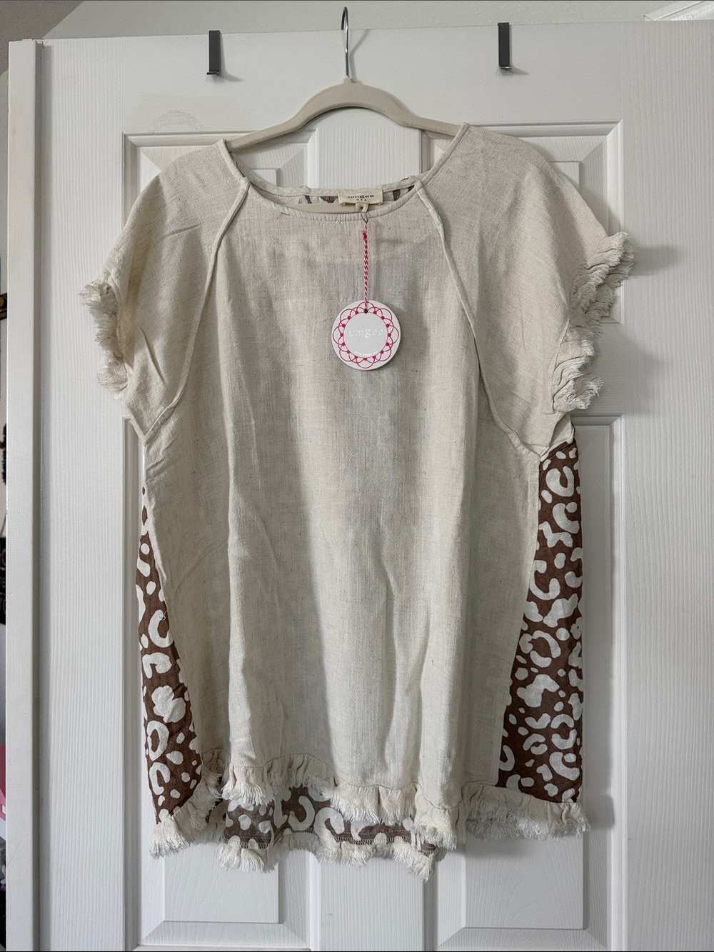 Umgee Cream Tunic with Brown LeopardAccent Panels